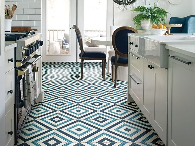 kitchen with patterned blue tiles